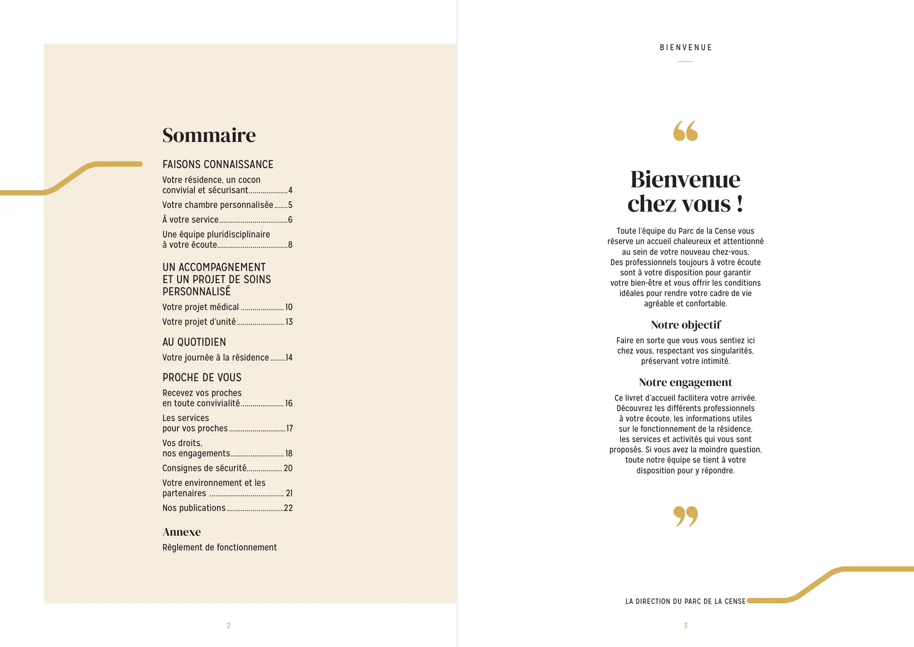 Livret d'accueil Le Parc de la Cense — double page sommaire et mot d'accueil de la direction, maison de repos LNA Santé à Waterloo
