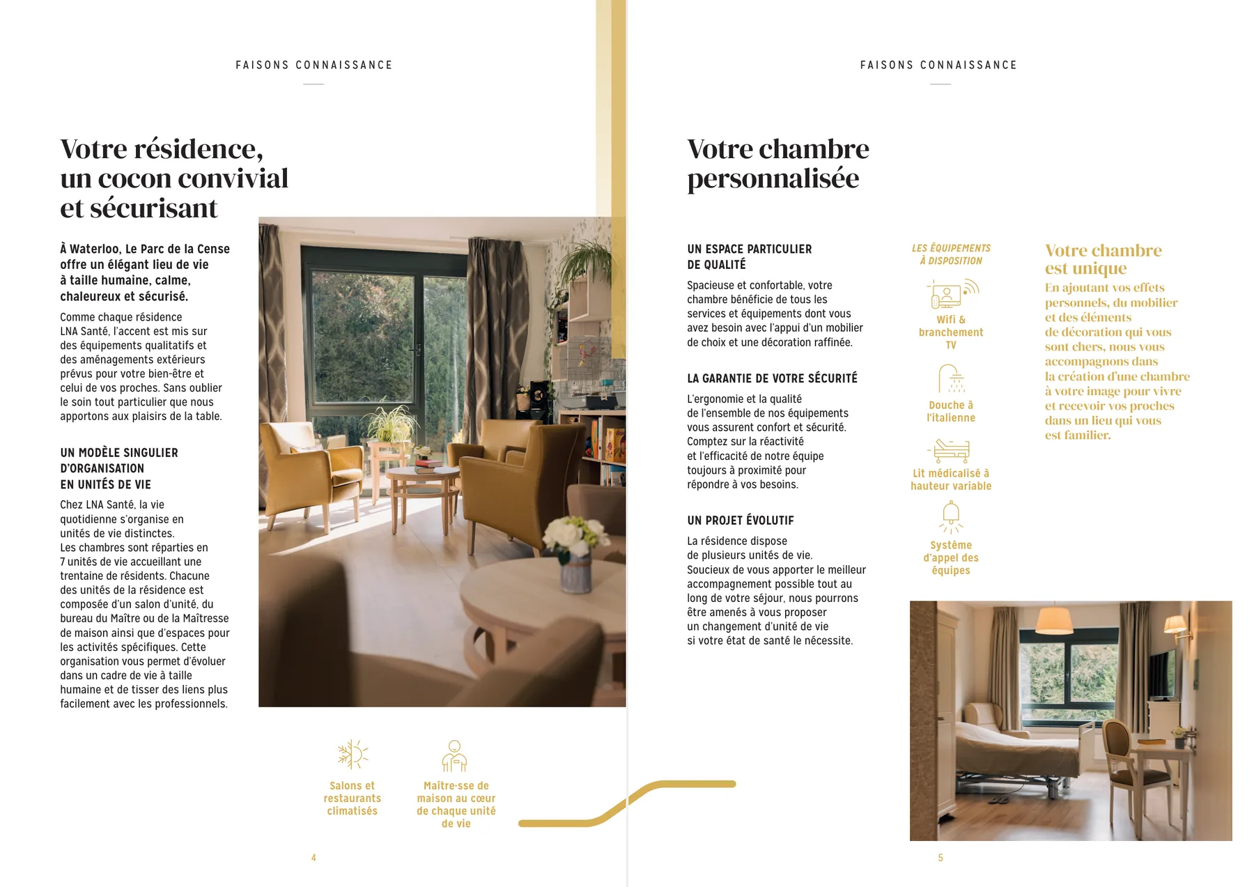 Livret d'accueil — double page « votre résidence, un cocon convivial » et « votre chambre personnalisée », photographies des espaces de vie du Parc de la Cense à Waterloo