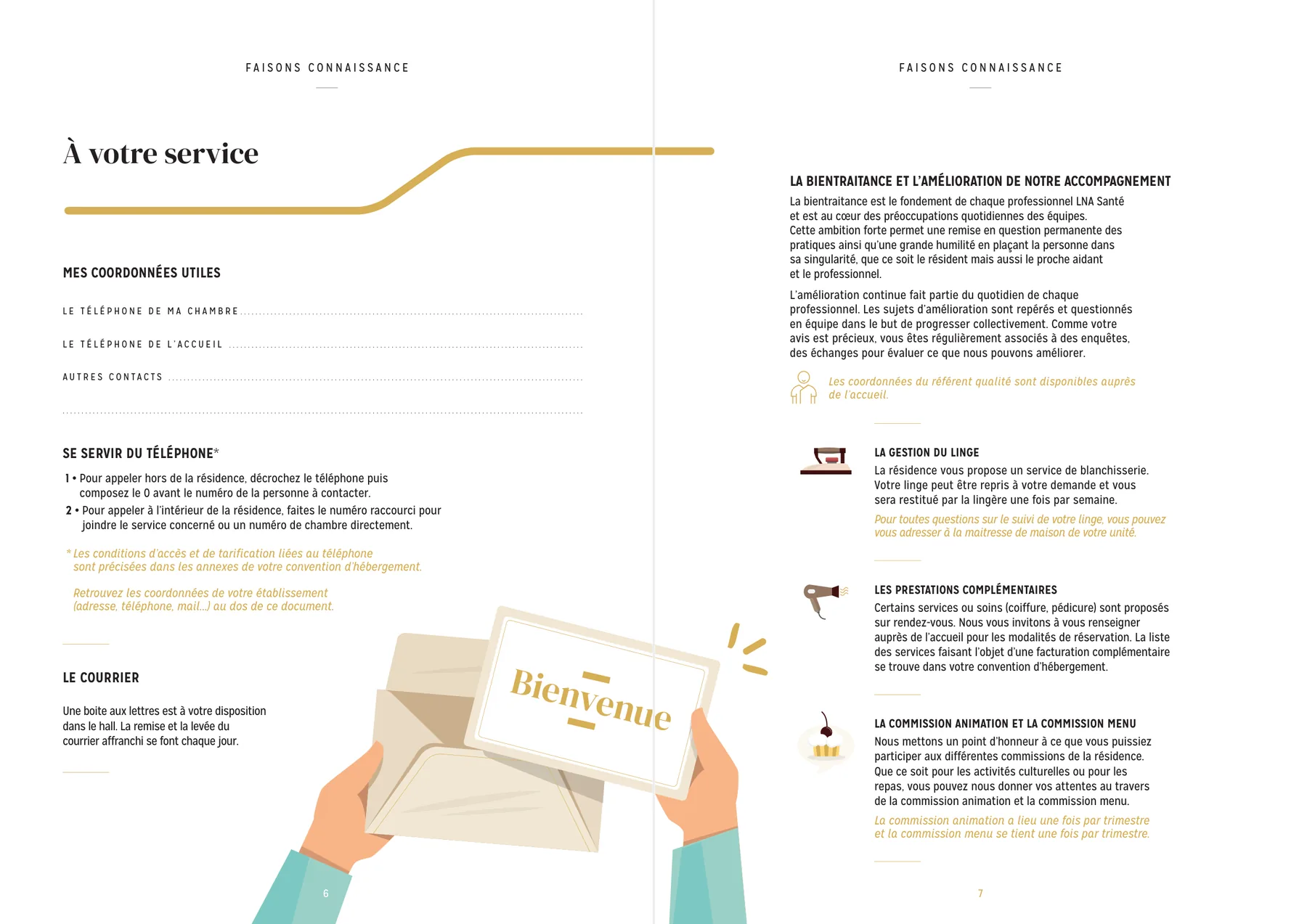 Livret d'accueil — double page « à votre service » : bientraitance et prestations de la résidence Le Parc de la Cense, LNA Santé