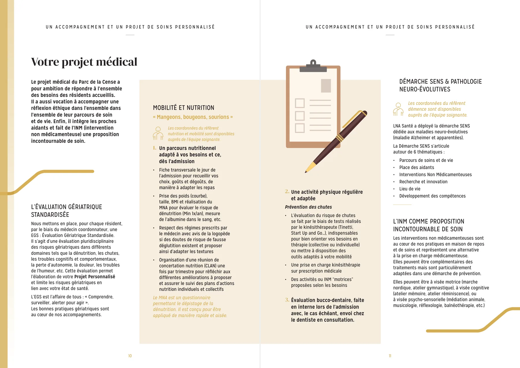 Livret d'accueil — double page « votre projet médical » et activité physique adaptée, maison de repos et de soins Le Parc de la Cense