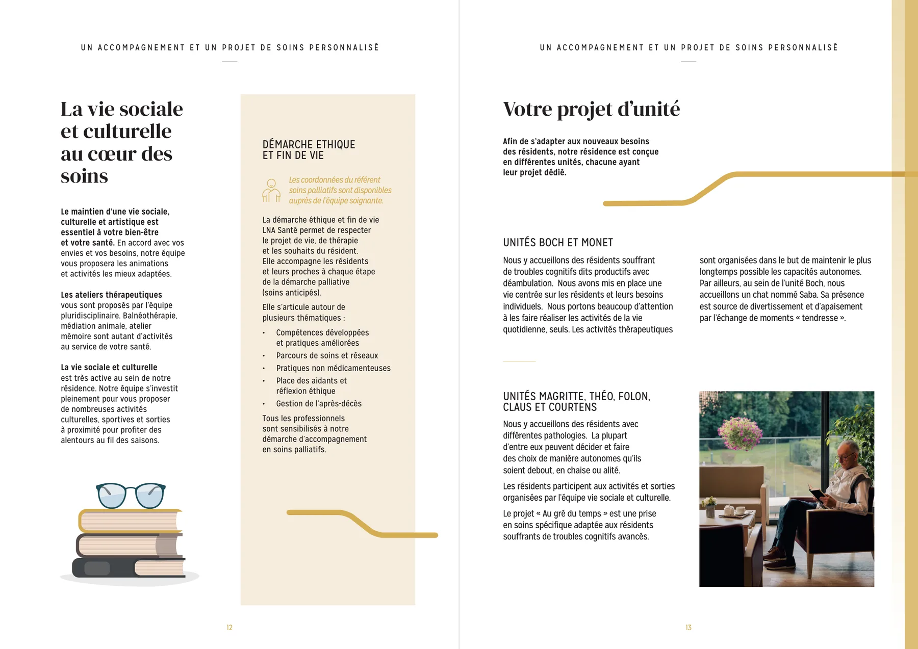 Livret d'accueil — double page « la vie sociale et culturelle au cœur des soins » et projet d'unité, Le Parc de la Cense Waterloo