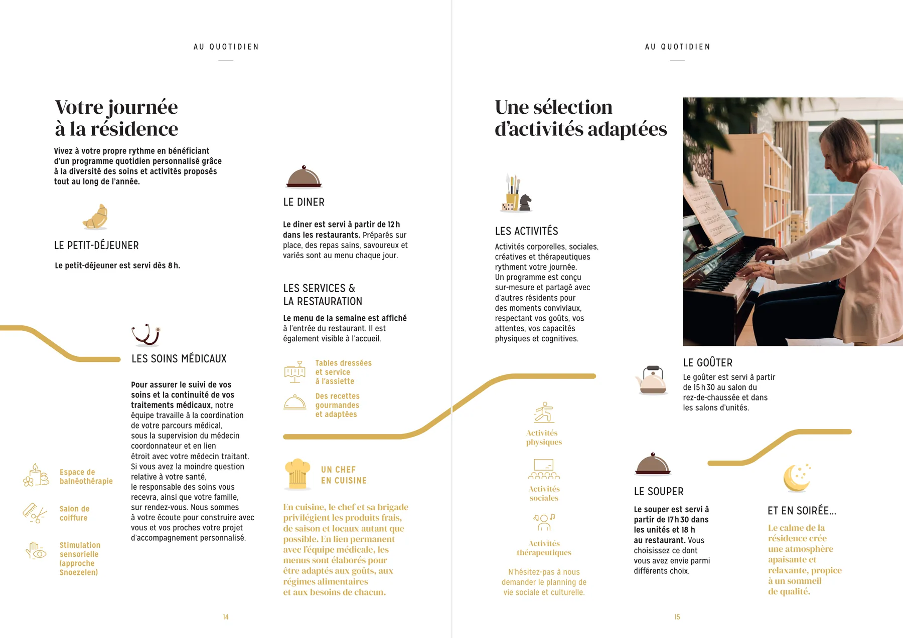Livret d'accueil — double page « votre journée à la résidence » et activités adaptées, photographies de la vie quotidienne au Parc de la Cense