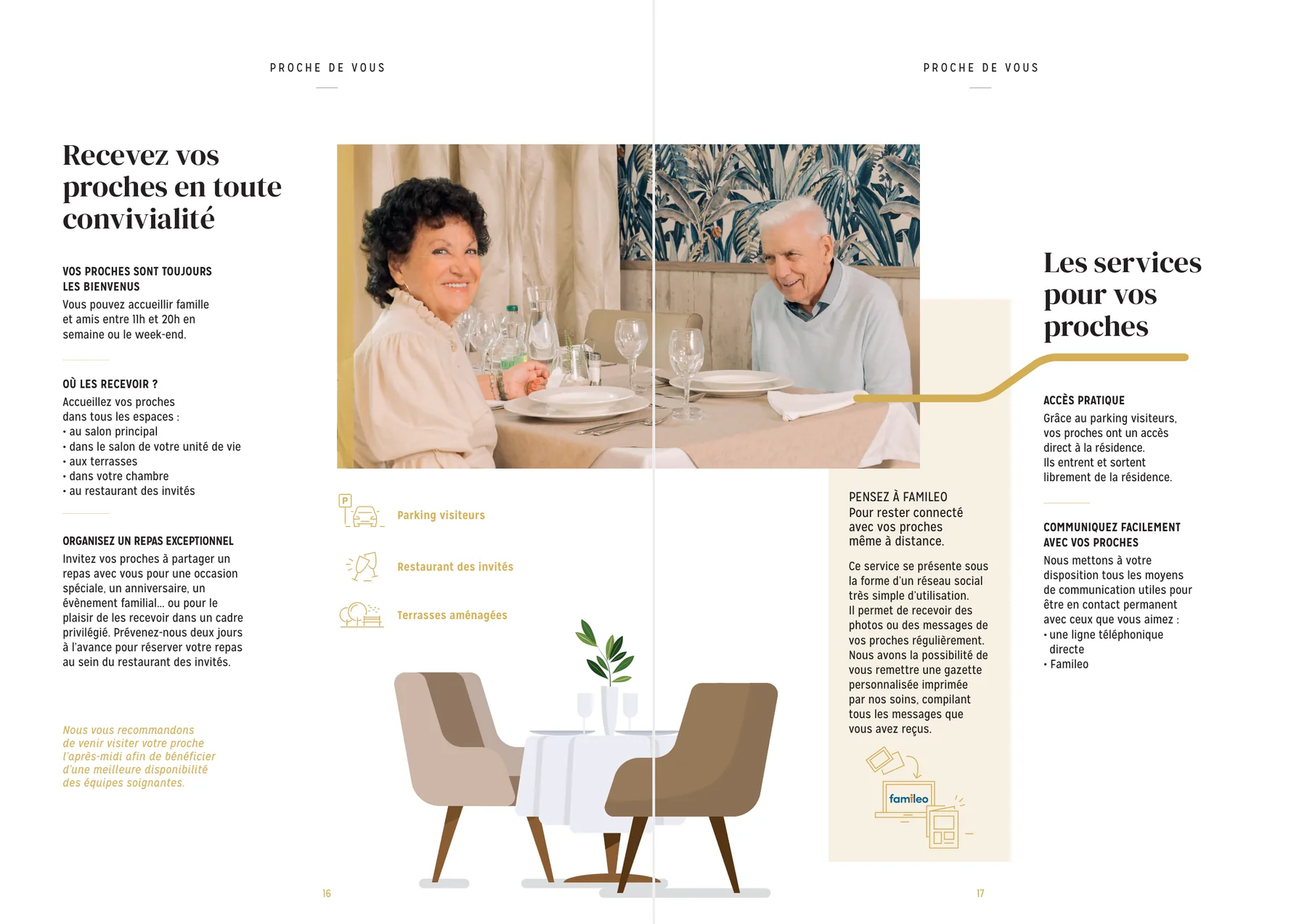 Livret d'accueil — double page « recevez vos proches » et services pour les familles, portraits de résidents et de proches par Angel Bena