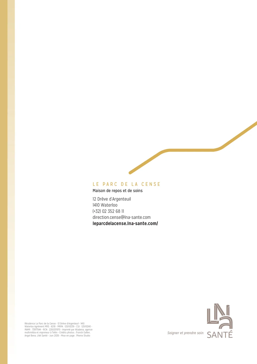 Quatrième de couverture du livret d'accueil imprimé Le Parc de la Cense — LNA Santé, Waterloo, conception et impression ALTABENA
